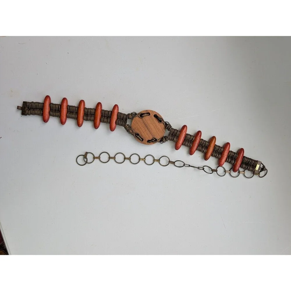 Vintage Artisan Wood Metal Coil Statement Belt Adjustable Boho Ethnic 38-50